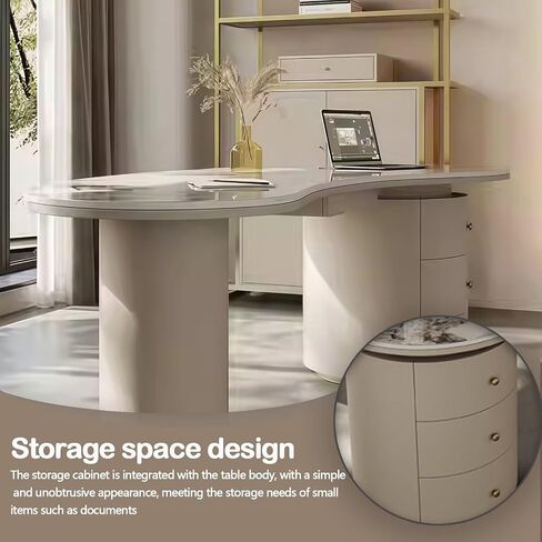 Office Desk Set with Storage, Glossy Stone Surface, 71 inch Curved Computer Desk & Chair Includes 3 Drawers, Leather-Wrapped Table Legs, for Salon/Home in Saudi Arabia