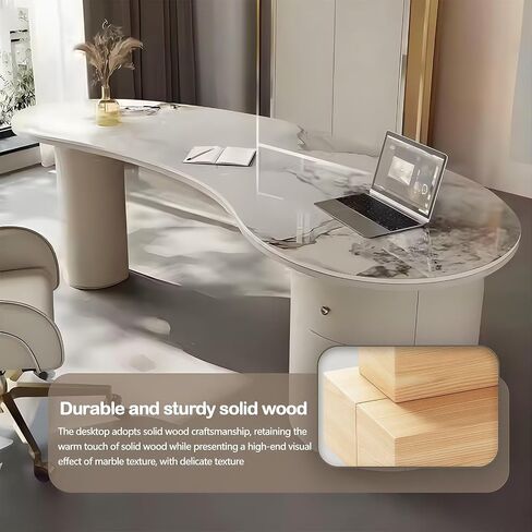 Office Desk Set with Storage, Glossy Stone Surface, 71 inch Curved Computer Desk & Chair Includes 3 Drawers, Leather-Wrapped Table Legs, for Salon/Home in Saudi Arabia