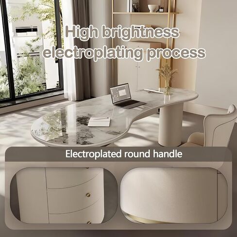 Office Desk Set with Storage, Glossy Stone Surface, 71 inch Curved Computer Desk & Chair Includes 3 Drawers, Leather-Wrapped Table Legs, for Salon/Home in Saudi Arabia