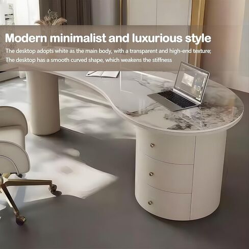Office Desk Set with Storage, Glossy Stone Surface, 71 inch Curved Computer Desk & Chair Includes 3 Drawers, Leather-Wrapped Table Legs, for Salon/Home in Saudi Arabia