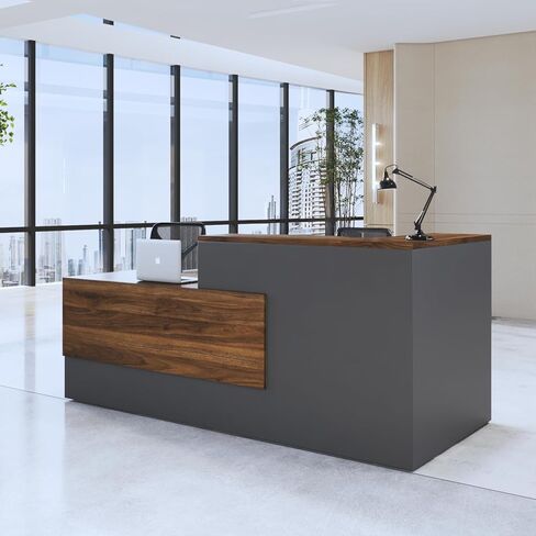 مكتب استقبال على شكل حرف L مع عداد من OfficeSimpli - 78.5 × 40.5 × 42 بوصة - صنع في الولايات المتحدة الأمريكية، يتم تجميع السفينة في الغالب، طاولة استقبال على شكل حرف L مع رف تخزين، أدراج قابلة للقفل للمكتب واللوبي in Saudi Arabia