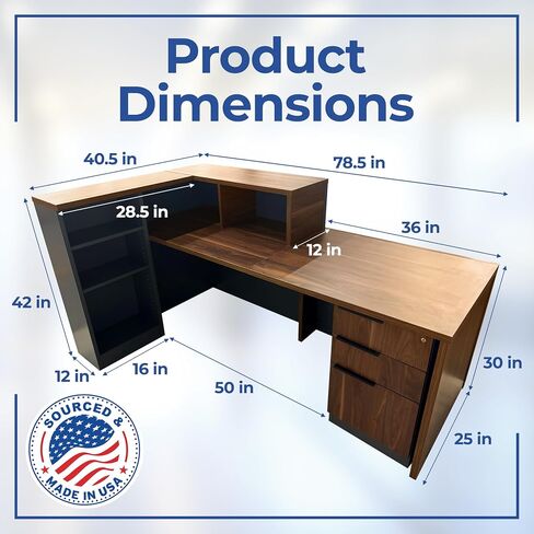 مكتب استقبال على شكل حرف L مع عداد من OfficeSimpli - 78.5 × 40.5 × 42 بوصة - صنع في الولايات المتحدة الأمريكية، يتم تجميع السفينة في الغالب، طاولة استقبال على شكل حرف L مع رف تخزين، أدراج قابلة للقفل للمكتب واللوبي in Saudi Arabia