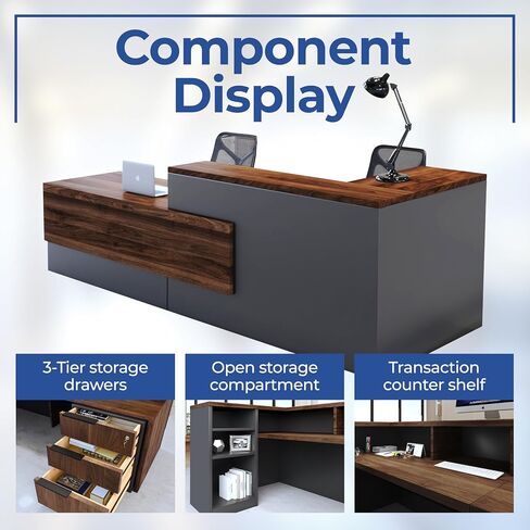 مكتب استقبال على شكل حرف L مع عداد من OfficeSimpli - 78.5 × 40.5 × 42 بوصة - صنع في الولايات المتحدة الأمريكية، يتم تجميع السفينة في الغالب، طاولة استقبال على شكل حرف L مع رف تخزين، أدراج قابلة للقفل للمكتب واللوبي in Saudi Arabia