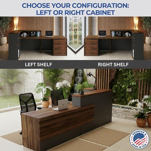 مكتب استقبال على شكل حرف L مع عداد من OfficeSimpli - 78.5 × 40.5 × 42 بوصة - صنع في الولايات المتحدة الأمريكية، يتم تجميع السفينة في الغالب، طاولة استقبال على شكل حرف L مع رف تخزين، أدراج قابلة للقفل للمكتب واللوبي in Saudi Arabia