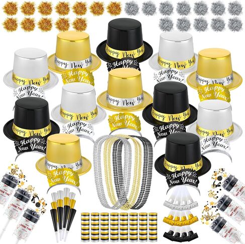 Ceenna New Year's Eve Party Decorations Supplies for 24 Guests 12 Happy New Year Hats 12 Tiara 12 Blowing Horns 12 Metallic Fringed Noise Makers 24 Necklaces 24 Bracelets 10 Celebrations in Saudi Arabia