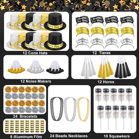 Ceenna New Year's Eve Party Decorations Supplies for 24 Guests 12 Happy New Year Hats 12 Tiara 12 Blowing Horns 12 Metallic Fringed Noise Makers 24 Necklaces 24 Bracelets 10 Celebrations in Saudi Arabia