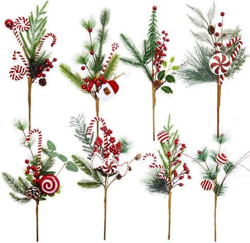 Egolot 8 PCS 13 Inch Christmas Candy Cane Picks with Frosted Pine for Wreaths Christmas Tree, Xmas Picks with Xmas Balls for Indoor Outdoor, Red White Stems for Centerpieces Wreath DIY in Saudi Arabia