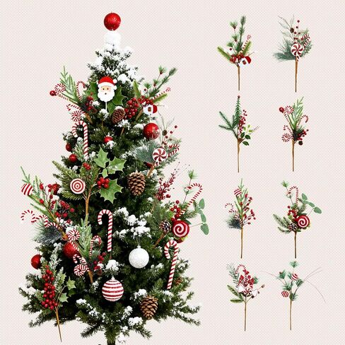 Egolot 8 PCS 13 Inch Christmas Candy Cane Picks with Frosted Pine for Wreaths Christmas Tree, Xmas Picks with Xmas Balls for Indoor Outdoor, Red White Stems for Centerpieces Wreath DIY in Saudi Arabia