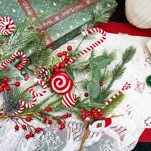 Egolot 8 PCS 13 Inch Christmas Candy Cane Picks with Frosted Pine for Wreaths Christmas Tree, Xmas Picks with Xmas Balls for Indoor Outdoor, Red White Stems for Centerpieces Wreath DIY in Saudi Arabia