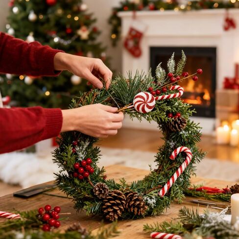Egolot 8 PCS 13 Inch Christmas Candy Cane Picks with Frosted Pine for Wreaths Christmas Tree, Xmas Picks with Xmas Balls for Indoor Outdoor, Red White Stems for Centerpieces Wreath DIY in Saudi Arabia