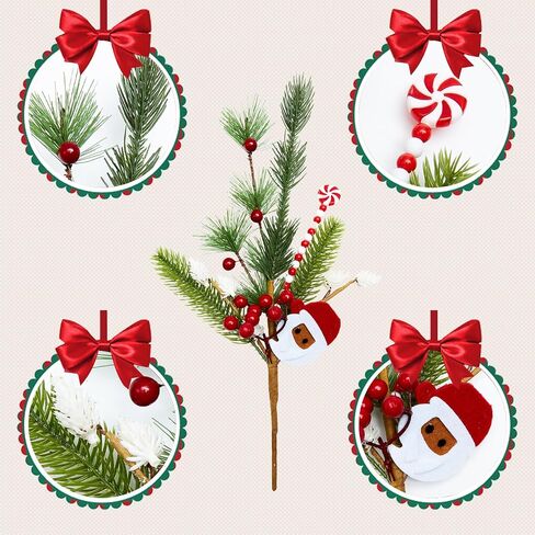 Egolot 8 PCS 13 Inch Christmas Candy Cane Picks with Frosted Pine for Wreaths Christmas Tree, Xmas Picks with Xmas Balls for Indoor Outdoor, Red White Stems for Centerpieces Wreath DIY in Saudi Arabia