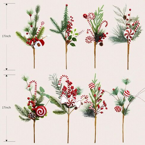Egolot 8 PCS 13 Inch Christmas Candy Cane Picks with Frosted Pine for Wreaths Christmas Tree, Xmas Picks with Xmas Balls for Indoor Outdoor, Red White Stems for Centerpieces Wreath DIY in Saudi Arabia