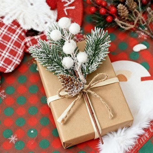 ALAGIRLS 8 قطع 8 بوصات من صنوبر عيد الميلاد، فروع إبر الصنوبر الاصطناعية مع سيقان التوت الأحمر، فروع أكواز الصنوبر الصغيرة المزيفة من هولي التوت للحرف اليدوية شجرة عيد الميلاد DIY إكليل عطلة إكليل in Kuwait