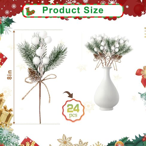 ALAGIRLS 8 قطع 8 بوصات من صنوبر عيد الميلاد، فروع إبر الصنوبر الاصطناعية مع سيقان التوت الأحمر، فروع أكواز الصنوبر الصغيرة المزيفة من هولي التوت للحرف اليدوية شجرة عيد الميلاد DIY إكليل عطلة إكليل in Kuwait