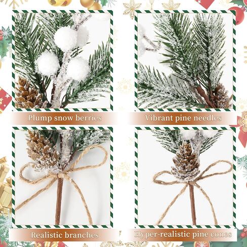 ALAGIRLS 8 قطع 8 بوصات من صنوبر عيد الميلاد، فروع إبر الصنوبر الاصطناعية مع سيقان التوت الأحمر، فروع أكواز الصنوبر الصغيرة المزيفة من هولي التوت للحرف اليدوية شجرة عيد الميلاد DIY إكليل عطلة إكليل in Kuwait