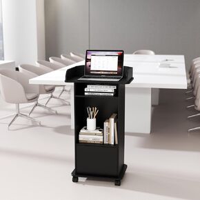 Wooden Podium Stand with Wheels Black,Professional Mobile Lecterns with Storage Cabinet,Church Host Stand Reception Desk with Adjustable Shelf for Events Conference School in Saudi Arabia