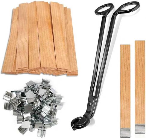 فتائل خشبية لصنع الشموع، 100 قطعة من فتائل الشموع الخشبية، تتضمن 50 قطعة من فتائل صناعة الشموع مقاس 5.1 × 0.5 بوصة و50 قطعة من حامل الحديد الذي لا يدخن بشكل طبيعي، فتائل شموع خشبية مع مشذب ذهبي وردي للاستخدام بنفسك. in Kuwait