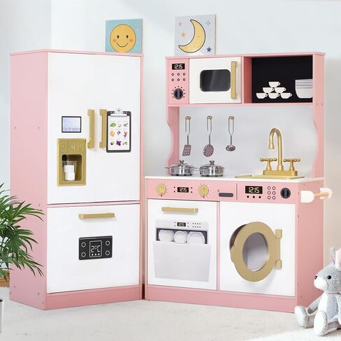 Kinder King Wooden Kids Play Kitchen, Toy Kitchen Playset for Toddler, Play Kitchen Set w/Transparent Coloring Board, Pretend Fridge, Washing Machine, Ice Maker, Gift for Boys Girls Age 3+, White in Kuwait