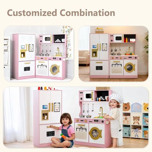 Kinder King Wooden Kids Play Kitchen, Toy Kitchen Playset for Toddler, Play Kitchen Set w/Transparent Coloring Board, Pretend Fridge, Washing Machine, Ice Maker, Gift for Boys Girls Age 3+, White in Kuwait