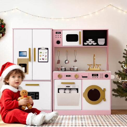 Kinder King Wooden Kids Play Kitchen, Toy Kitchen Playset for Toddler, Play Kitchen Set w/Transparent Coloring Board, Pretend Fridge, Washing Machine, Ice Maker, Gift for Boys Girls Age 3+, White in Kuwait