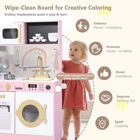 Kinder King Wooden Kids Play Kitchen, Toy Kitchen Playset for Toddler, Play Kitchen Set w/Transparent Coloring Board, Pretend Fridge, Washing Machine, Ice Maker, Gift for Boys Girls Age 3+, White in Kuwait