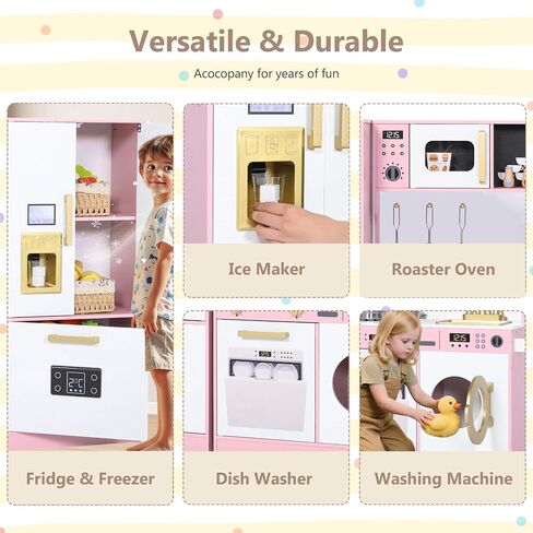 Kinder King Wooden Kids Play Kitchen, Toy Kitchen Playset for Toddler, Play Kitchen Set w/Transparent Coloring Board, Pretend Fridge, Washing Machine, Ice Maker, Gift for Boys Girls Age 3+, White in Kuwait
