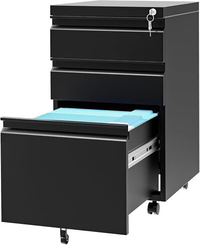 3-Drawer Mobile File Cabinet with Lock & Wheels, Under Desk Lateral Filing Cabinet for Legal/Letter/A4 Files, Adjustable Shelf, Easy Assembly, Office Home Storage, Dark Black in Saudi Arabia