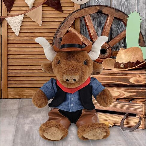 DolliBu Texas Longhorn Stuffed Animal Cowboy Plush with Name Personalization - Western-Themed Longhorn Plush with Cute Cowboy Costume Denim Shirt Vest, Bandana, Leather Pants, and Hat - 9 Inches in Saudi Arabia