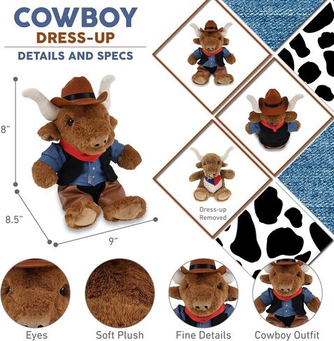 DolliBu Texas Longhorn Stuffed Animal Cowboy Plush with Name Personalization - Western-Themed Longhorn Plush with Cute Cowboy Costume Denim Shirt Vest, Bandana, Leather Pants, and Hat - 9 Inches in Saudi Arabia