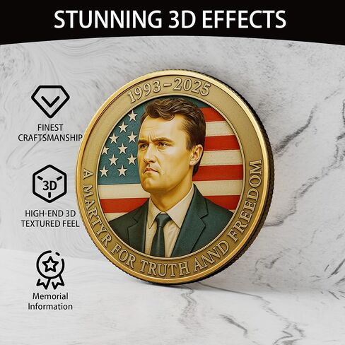 Charlie Kirk Commemorative Coin – 1993-2025 Memorial Tribute – “A Martyr for Truth and Freedom" – Collectible Challenge Coin with American Flag Design – Christian & Patriotic Keepsake Gift (A) in Saudi Arabia