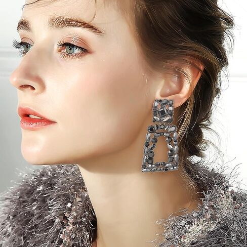 Flyonce Rectangle Dangle Earrings for Women Girls, Rhinestone Crystal Geometric Statement Earrings in Saudi Arabia
