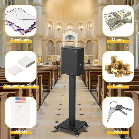صندوق اقتراحات للمكتب/الكنيسة مع حامل، صناديق تبرع لجمع التبرعات بفتحة وقفل، صندوق اقتراع عالي التحمل مع 4 عجلات، مجموعة بطاقات الاقتراع، خزائن أرضية للمنزل، أسود in Kuwait