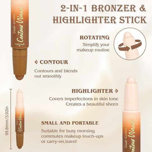 Contour Highlighter Stick，2-in-1 Dual-Ended Cream Bronzer & Highlighter Sticks Pen for Face Body Contouring Makeup- Buildable，Waterproof, Easy to Apply Suitable for Beginners，02Nude + Light Beige in Saudi Arabia