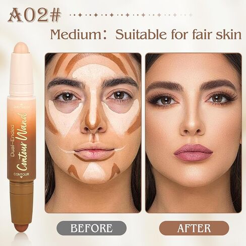 Contour Highlighter Stick，2-in-1 Dual-Ended Cream Bronzer & Highlighter Sticks Pen for Face Body Contouring Makeup- Buildable，Waterproof, Easy to Apply Suitable for Beginners，02Nude + Light Beige in Saudi Arabia