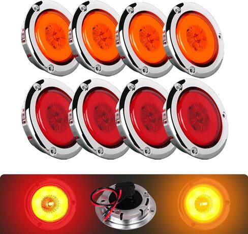 NEW SUN 4-Pack Premium 2 بوصة مصابيح LED مستديرة، مقاومة للماء IP67، تصميم هالة ونيون، إطار من الكروم المقاوم للصدأ، حامل شفة لمقطورة المرافق، العربة، الشاحنة، البيك اب، القوارب، الأحمر والعنبر in Kuwait