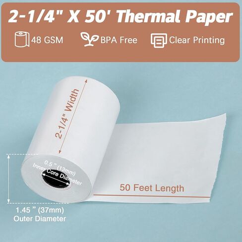(5 لفات) 2 1/4 × 50 لفات ورق إيصالات حرارية، لفات ورق تسجيل النقدية لنقاط البيع، خالية من مادة BPA بطول 2.25 × 50 قدم لكل إيصال ورق حراري in Kuwait