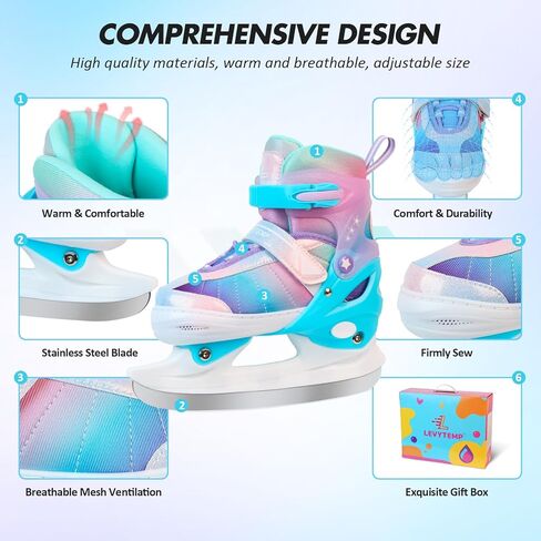 زلاجات ثلجية قابلة للتعديل من LEVYTEMP للأطفال والأولاد والبنات - أسود، أزرق، وردي - أحذية تزلج على الجليد للشباب - مقاسات S، M، L - زلاجات ثلجية للأماكن الخارجية وحلبة التزلج in Kuwait