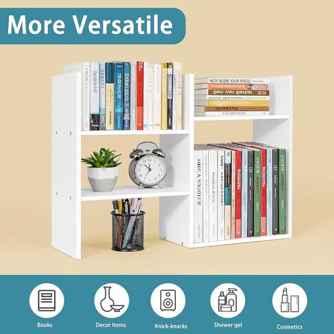 منظم تخزين رف المكتب - رف كتب صغير لسطح المكتب، أرفف كتب طاولة بيضاء من 3 طبقات، تخزين رف كتب خشبي متعدد الأغراض لديكور المنزل والمكتب in Kuwait