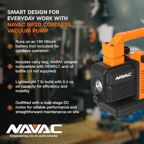 مضخة تفريغ لاسلكية NAVAC NP2D (مضخة فقط) - محرك DC مزدوج المرحلة 2 CFM، 23 ميكرون - تتضمن محول بطارية، تعمل مع بطارية 18 فولت متوافقة مع DEWALT - 7 رطل in Kuwait