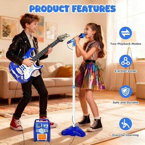 مجموعة أدوات الجيتار الكهربائية من iMeshbean للأطفال والبنات والأولاد مع ميكروفون، أمبير سلكي، AUX. (أزرق) in Kuwait
