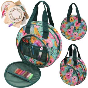 حقيبة مشروع تطريز مستديرة من JLDTOP منظم تخزين تطريز حقيبة متقاطعة زهرية للخيط والأطواق والخيط وأدوات الحياكة (الحقيبة فقط) (الزهور الزرقاء) in Kuwait