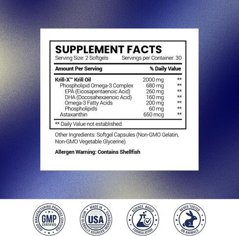 Research Verified Antarctic Krill Oil - Improve Heart Function, Boost Cognition - 2000mg - 60 Softgels - Made in The USA in Kuwait