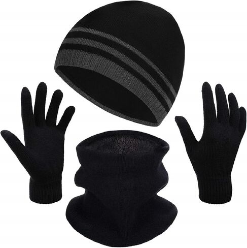 طقم قبعة شتوية للرجال ووشاح محبوك دافئ وقفازات لشاشة اللمس، 3 قطع in Kuwait