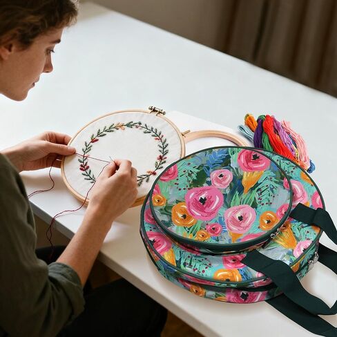 حقيبة مشروع تطريز مستديرة من JLDTOP منظم تخزين تطريز حقيبة متقاطعة زهرية للخيط والأطواق والخيط وأدوات الحياكة (الحقيبة فقط) (الزهور الزرقاء) in Kuwait