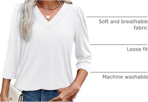 OFEEFAN Women's V Neck Shirts 3/4 Length Puff Sleeve Blouses Curved Hem Long Tunic Tops Dressy Casual S-3XL in Saudi Arabia