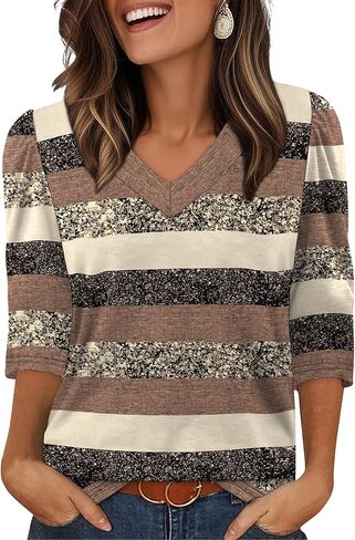 OFEEFAN Women's V Neck Shirts 3/4 Length Puff Sleeve Blouses Curved Hem Long Tunic Tops Dressy Casual S-3XL in Kuwait