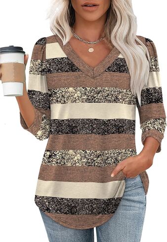 OFEEFAN Women's V Neck Shirts 3/4 Length Puff Sleeve Blouses Curved Hem Long Tunic Tops Dressy Casual S-3XL in Kuwait