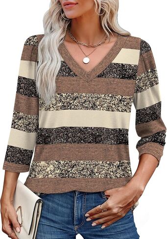 OFEEFAN Women's V Neck Shirts 3/4 Length Puff Sleeve Blouses Curved Hem Long Tunic Tops Dressy Casual S-3XL in Kuwait