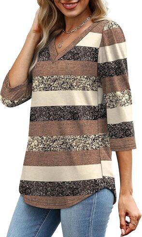 OFEEFAN Women's V Neck Shirts 3/4 Length Puff Sleeve Blouses Curved Hem Long Tunic Tops Dressy Casual S-3XL in Kuwait