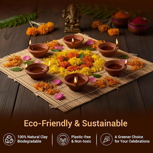 SATVIK Handmade Clay Diya 12 Pc Set. Traditional Terracotta Natural Earthen Oil Lamp Diyas Welcome Dia with Cotton Wicks Batti. Diwali Deepawali Decoration Indian Housewarming Return Gift Items in Saudi Arabia